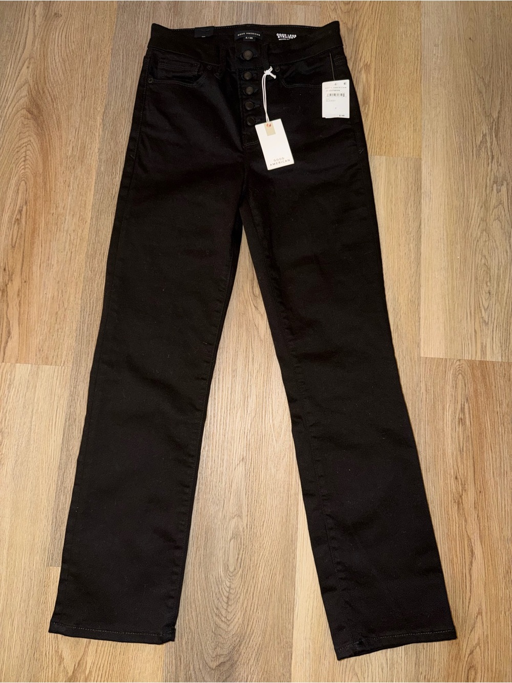 Good American Black Straight-Leg Button-Fly Jeans